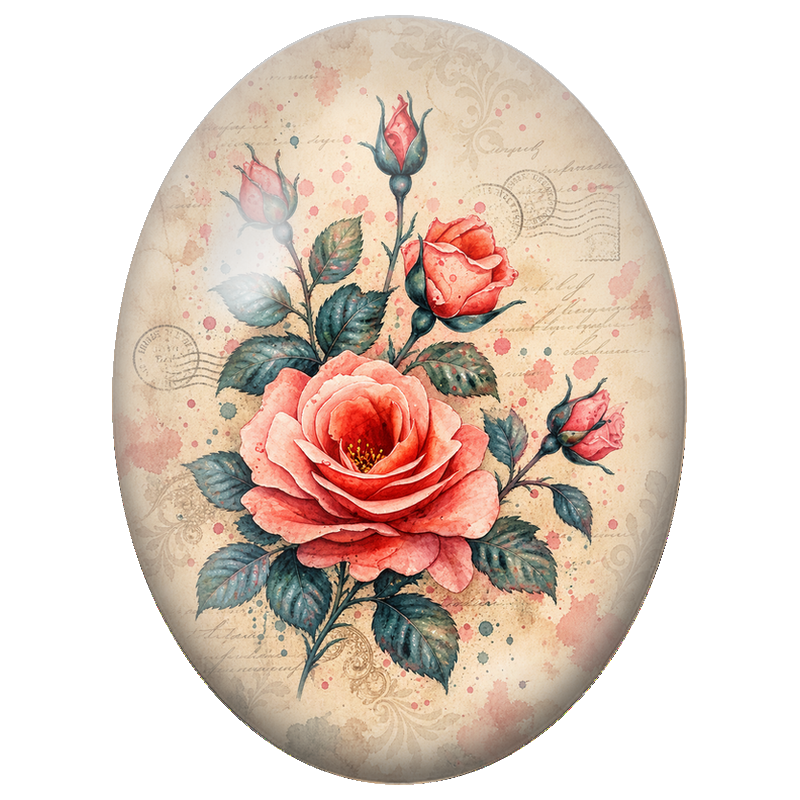 Cabochon en Verre Illustré Roses Corail sur Papier Vintage 13x18, 18x25 ou 30x40mm