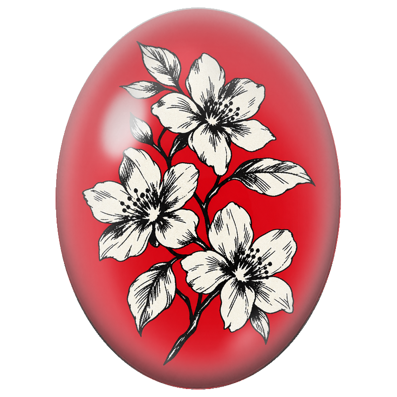 Cabochon en Verre Illustré Fleurs Blanches sur Fond Rouge 13x18, 18x25 ou 30x40mm