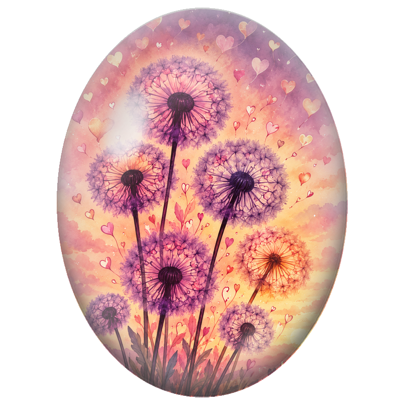 Cabochon en Verre Illustré Pissenlits et Cœurs au Crépuscule 13x18, 18x25 ou 30x40mm