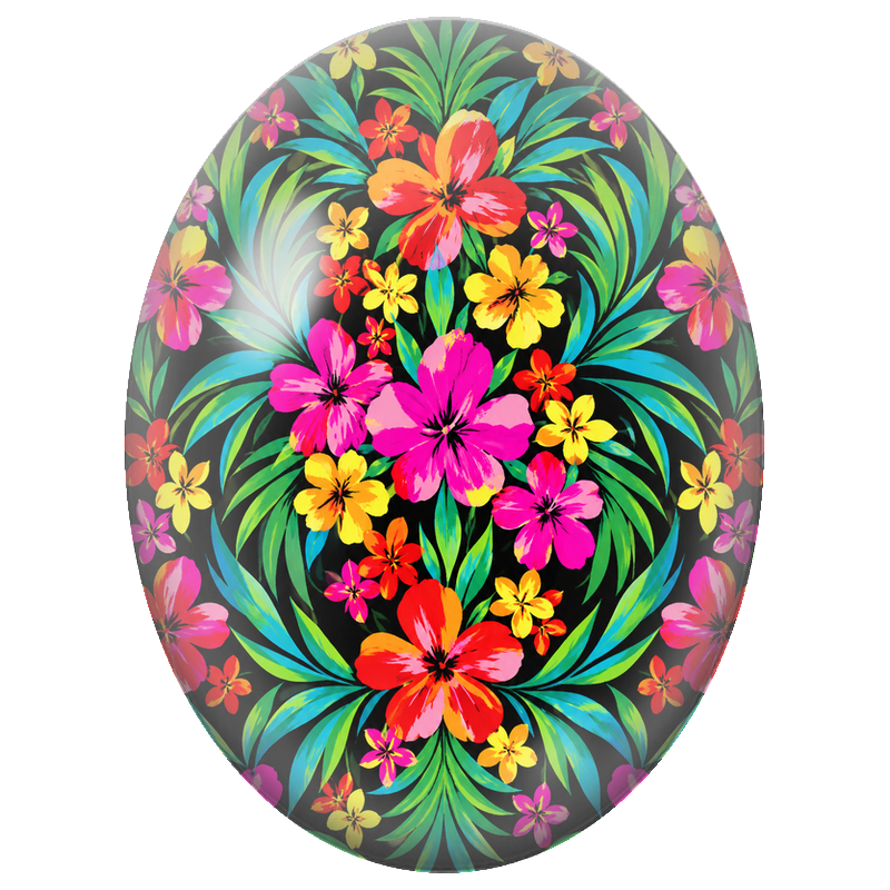 Cabochon en Verre Illustré Fleurs Tropicales sur Fond Noir 13x18, 18x25 ou 30x40mm