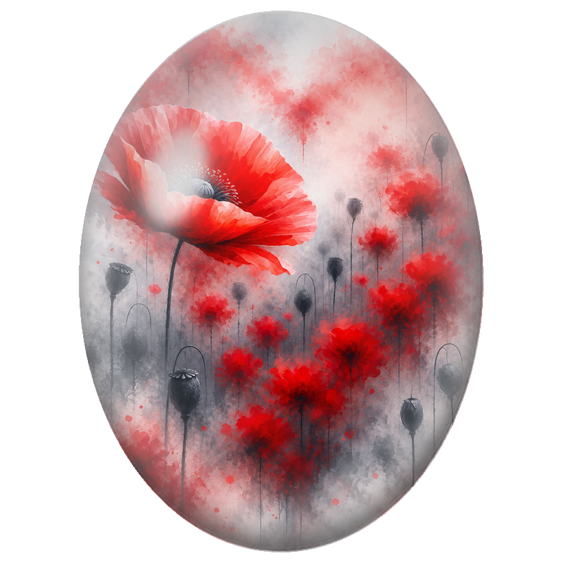 Cabochon en Verre Illustré Grand Coquelicot Rouge dans la Brume 13x18, 18x25 ou 30x40mm