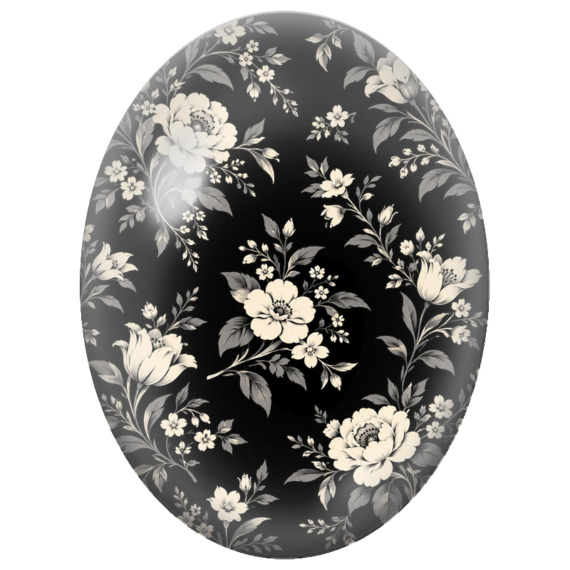Cabochon en Verre Illustré Fleurs Ivoire sur Fond Noir 13x18, 18x25 ou 30x40mm