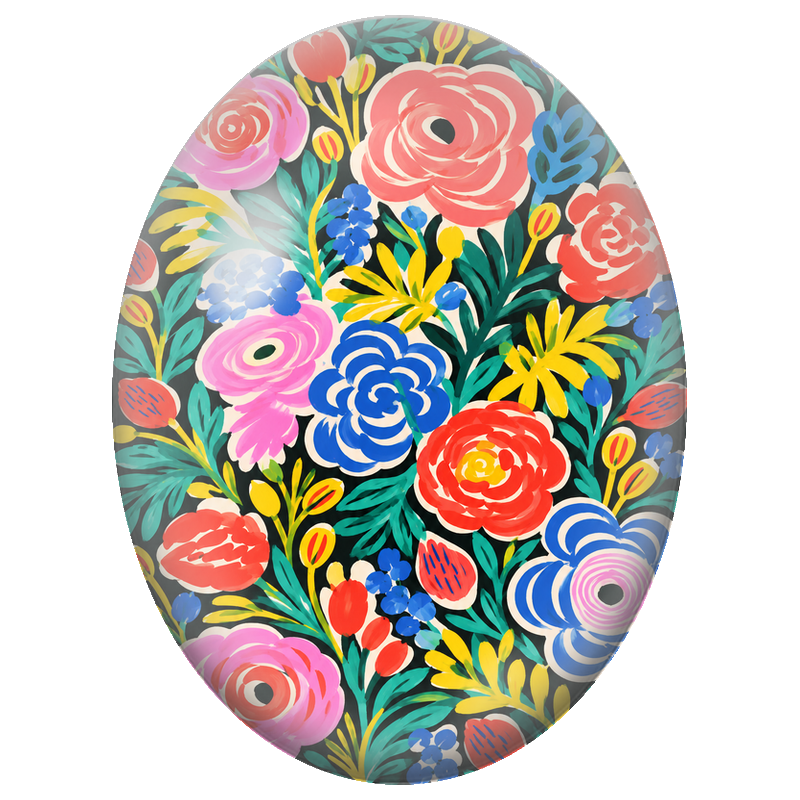 Cabochon en Verre Illustré Fleurs Colorées sur Fond Noir 13x18, 18x25 ou 30x40mm