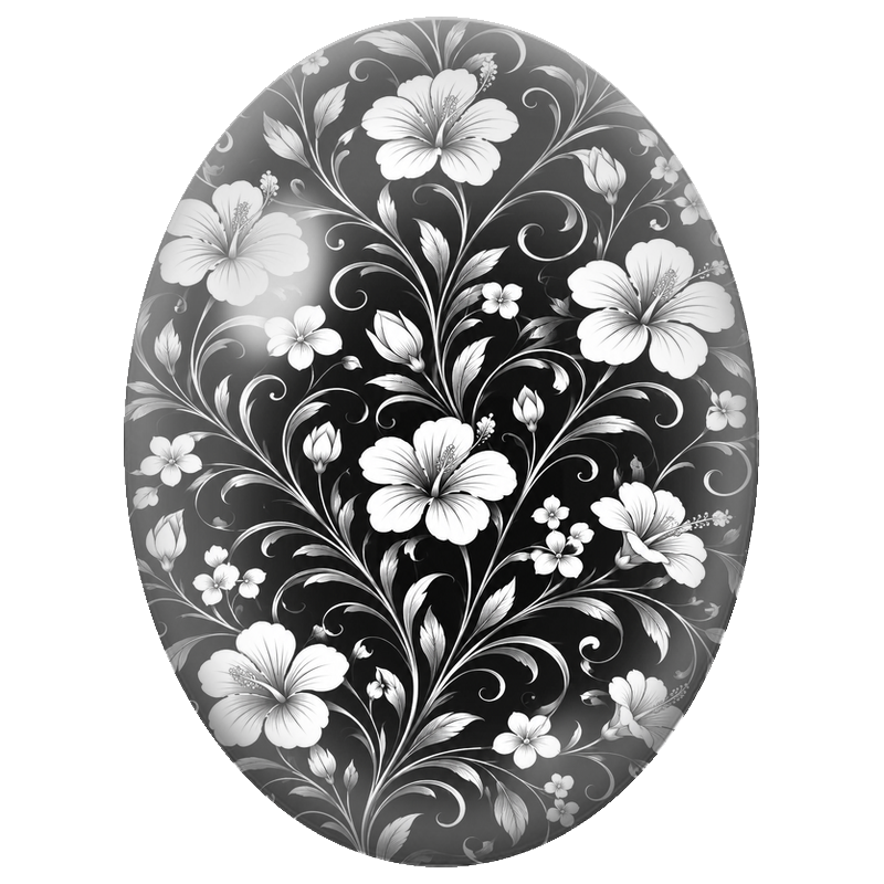 Cabochon en Verre Illustré Hibiscus Blancs sur Fond Noir 13x18, 18x25 ou 30x40mm
