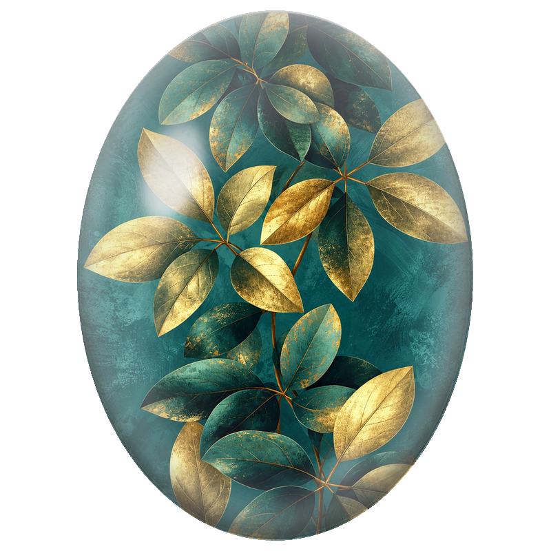 Cabochon en Verre Illustré Feuillage Doré sur Fond Émeraude 13x18, 18x25 ou 30x40mm