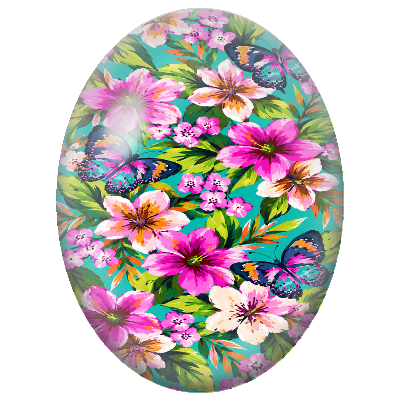 Cabochon en Verre Illustré Papillons parmi les Fleurs Roses 13x18, 18x25 ou 30x40mm