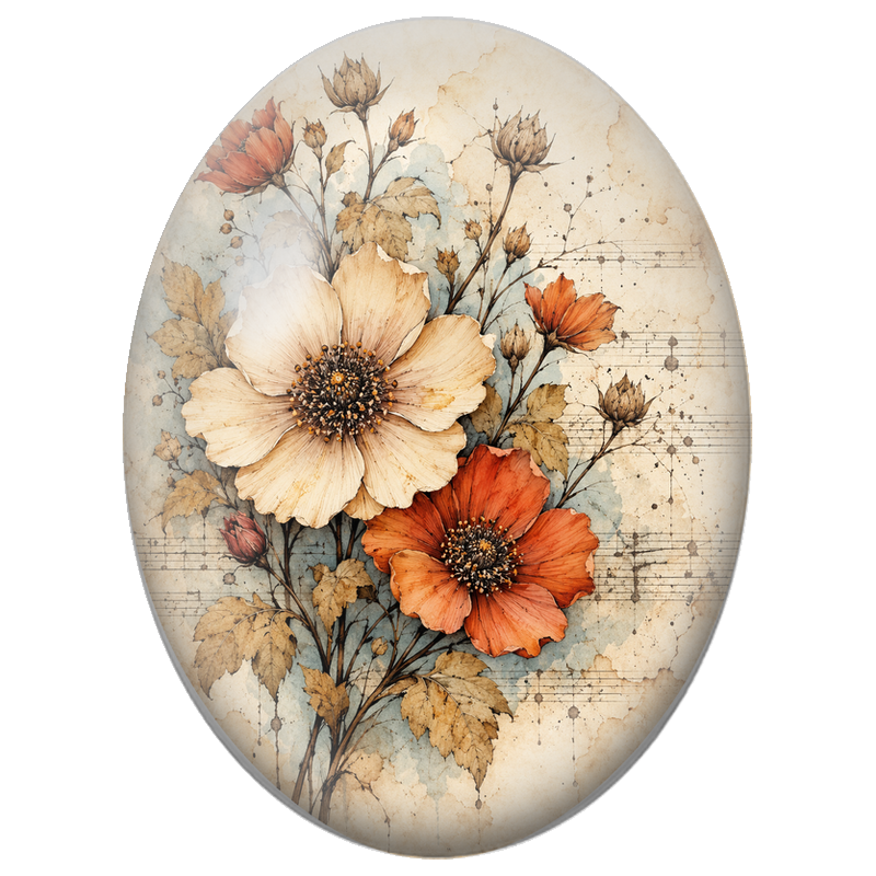 Cabochon en Verre Illustré Fleurs Vintage sur Partition Ancienne 13x18, 18x25 ou 30x40mm