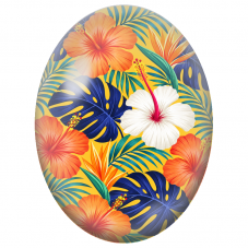 Cabochon en Verre Illustré Hibiscus Orange et Feuilles Tropicales 13x18, 18x25 ou 30x40mm - Pour la Création de Bijoux Fantaisie