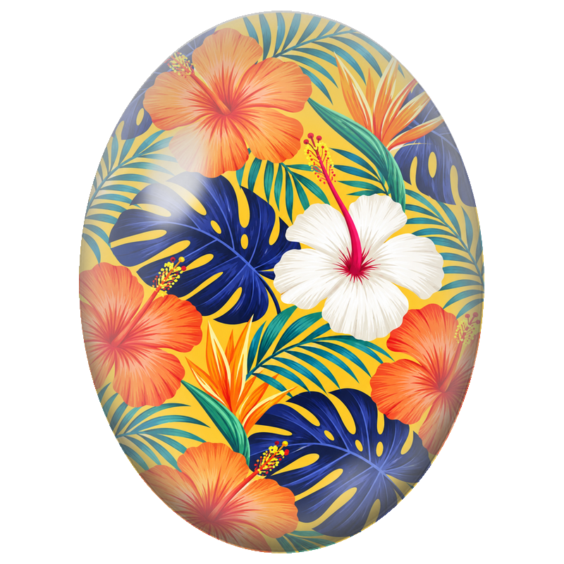 Cabochon en Verre Illustré Hibiscus Orange et Feuilles Tropicales 13x18, 18x25 ou 30x40mm
