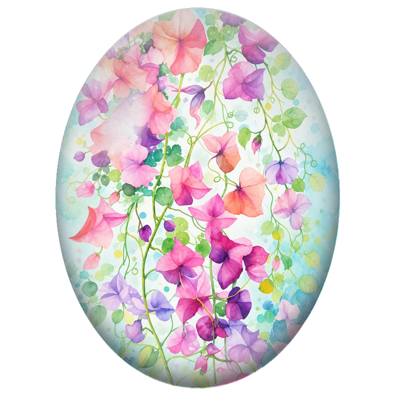 Cabochon en Verre Illustré Pois de Senteur Roses et Violets 13x18, 18x25 ou 30x40mm