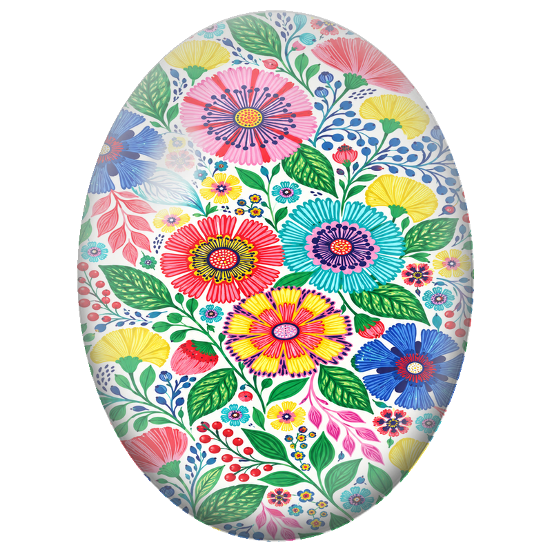 Cabochon en Verre Illustré Fleurs Folk sur Fond Blanc 13x18, 18x25 ou 30x40mm