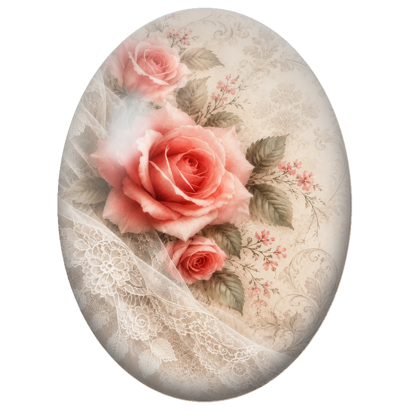 Cabochon en Verre Illustré Roses Corail et Dentelle Vintage 13x18, 18x25 ou 30x40mm