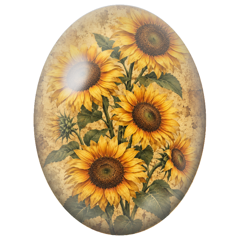 Cabochon en Verre Illustré Tournesols sur Fond Ancien 13x18, 18x25 ou 30x40mm