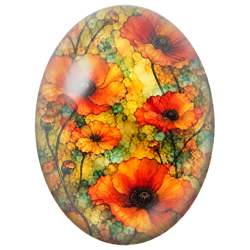 Cabochon en Verre Illustré Coquelicots Orange Effet Encre 13x18, 18x25 ou 30x40mm