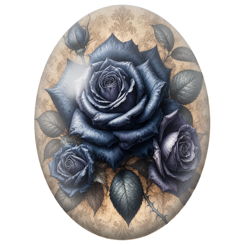 Cabochon en Verre Illustré Roses Bleu Nuit sur Fond Vintage 13x18, 18x25 ou 30x40mm