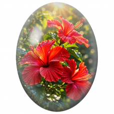 Cabochon en Verre Illustré Hibiscus Rouges sous la Lumière 13x18, 18x25 ou 30x40mm - Pour la Création de Bijoux Fantaisie - DIY