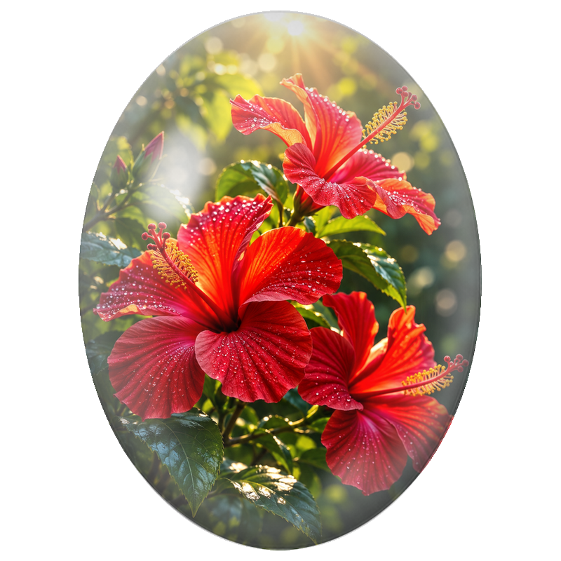 Cabochon en Verre Illustré Hibiscus Rouges sous la Lumière 13x18, 18x25 ou 30x40mm