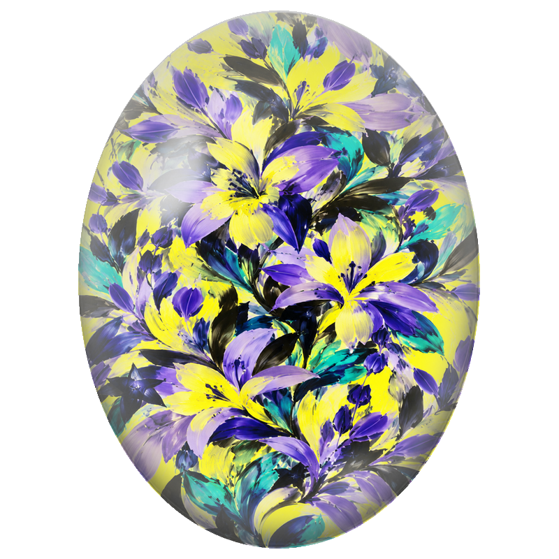 Cabochon en Verre Illustré Lys Abstraits Jaunes et Violets 13x18, 18x25 ou 30x40mm
