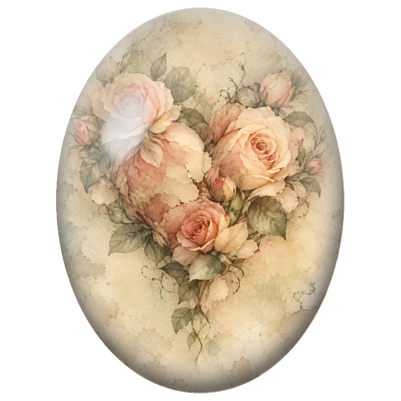 Cabochon en Verre Illustré Bouquet de Roses Fanées sur Papier Ancien 13x18, 18x25 ou 30x40mm
