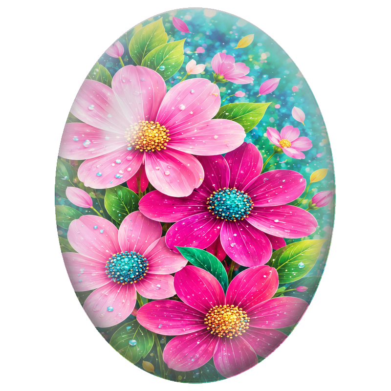 Cabochon en Verre Illustré Fleurs Roses Couvertes de Rosée 13x18, 18x25 ou 30x40mm