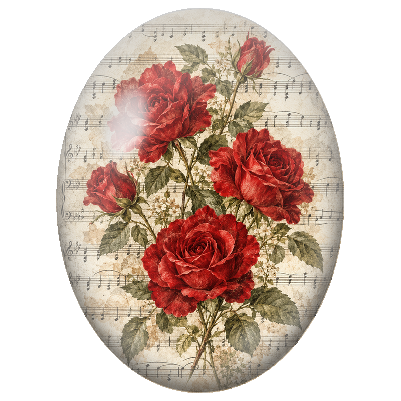 Cabochon en Verre Illustré Roses Rouges sur Partition Musicale 13x18, 18x25 ou 30x40mm