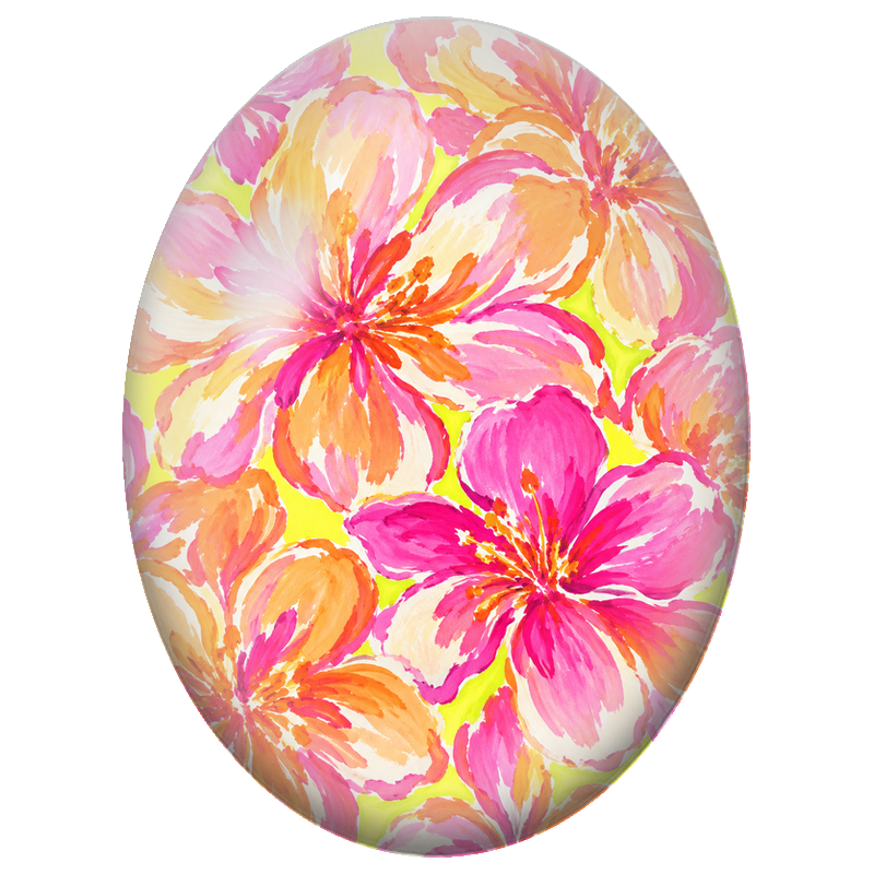 Cabochon en Verre Illustré Fleurs Roses et Orange sur Fond Jaune 13x18, 18x25 ou 30x40mm