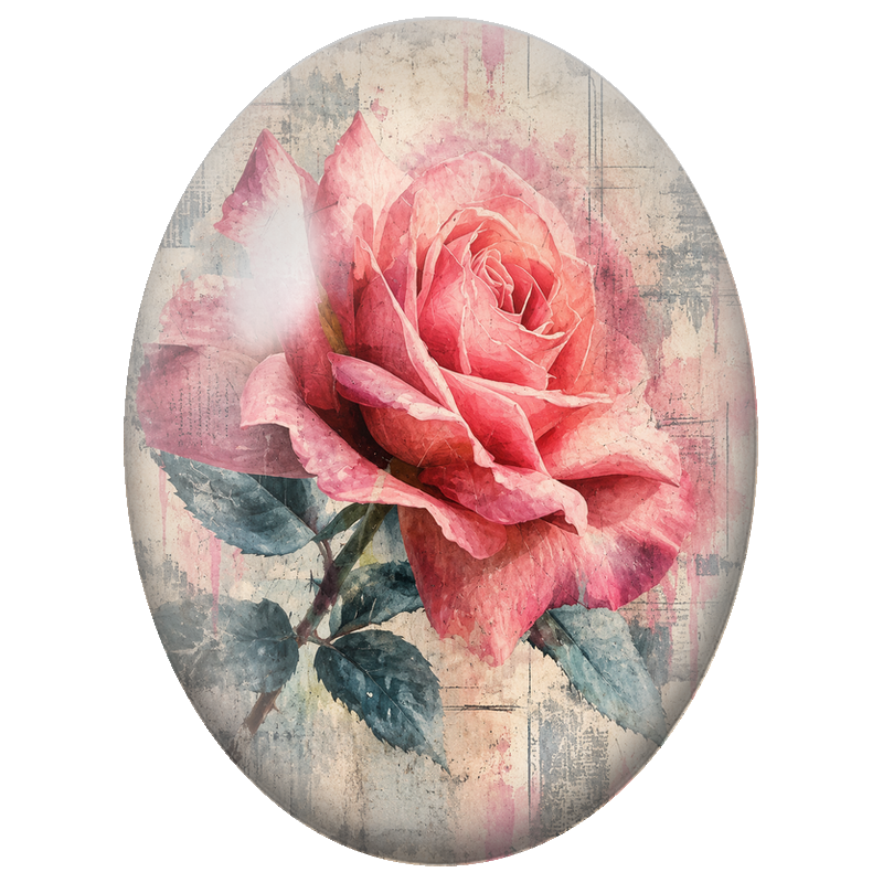Cabochon en Verre Illustré Rose Rose sur Fond Grunge 13x18, 18x25 ou 30x40mm