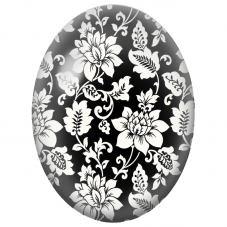 Cabochon en Verre Illustré Fleurs Ornementales Blanches sur Fond Noir 13x18, 18x25 ou 30x40mm - Pour la Création de Bijoux