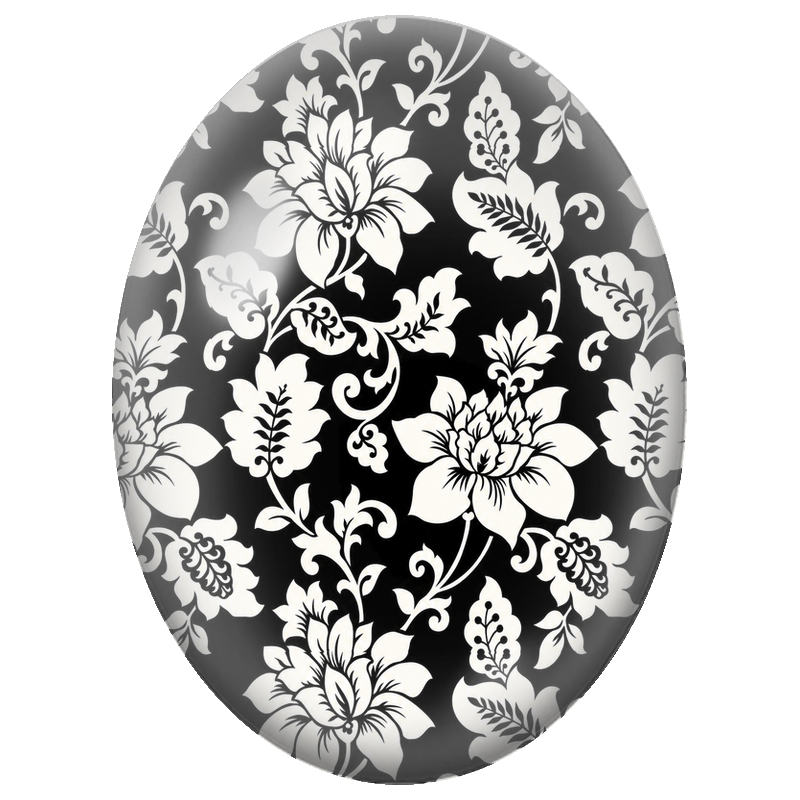 Cabochon en Verre Illustré Fleurs Ornementales Blanches sur Fond Noir 13x18, 18x25 ou 30x40mm