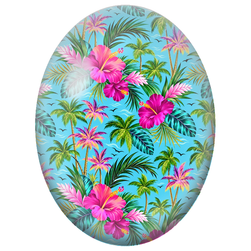 Cabochon en Verre Illustré Hibiscus Roses et Palmiers 13x18, 18x25 ou 30x40mm
