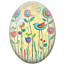 Cabochon en Verre Illustré Oiseau Bleu dans un Jardin Fantaisie 13x18, 18x25 ou 30x40mm - Pour la Création de Bijoux Fantaisie