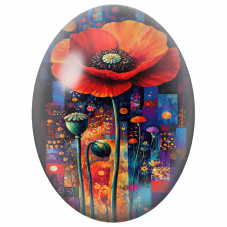 Cabochon en Verre Illustré Coquelicot Géant sur Jardin Abstrait 13x18, 18x25 ou 30x40mm - Pour la Création de Bijoux Fantaisie