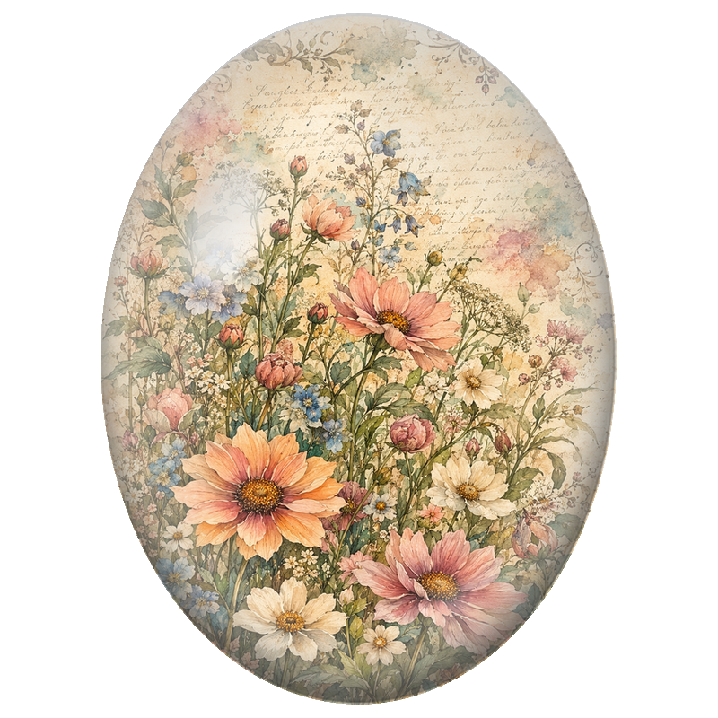 Cabochon en Verre Illustré Prairie Fleurie sur Manuscrit Ancien 13x18, 18x25 ou 30x40mm