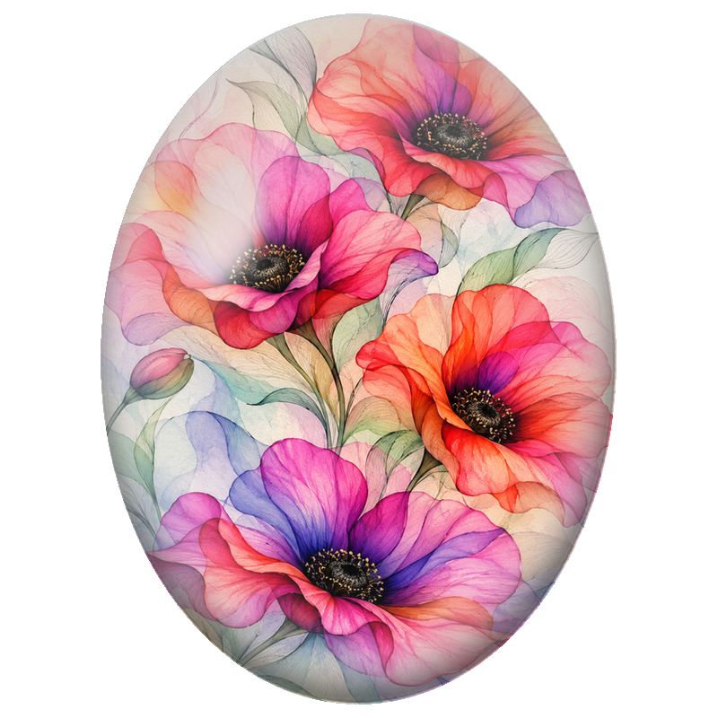 Cabochon en Verre Illustré Coquelicots Translucides Multicolores 13x18, 18x25 ou 30x40mm