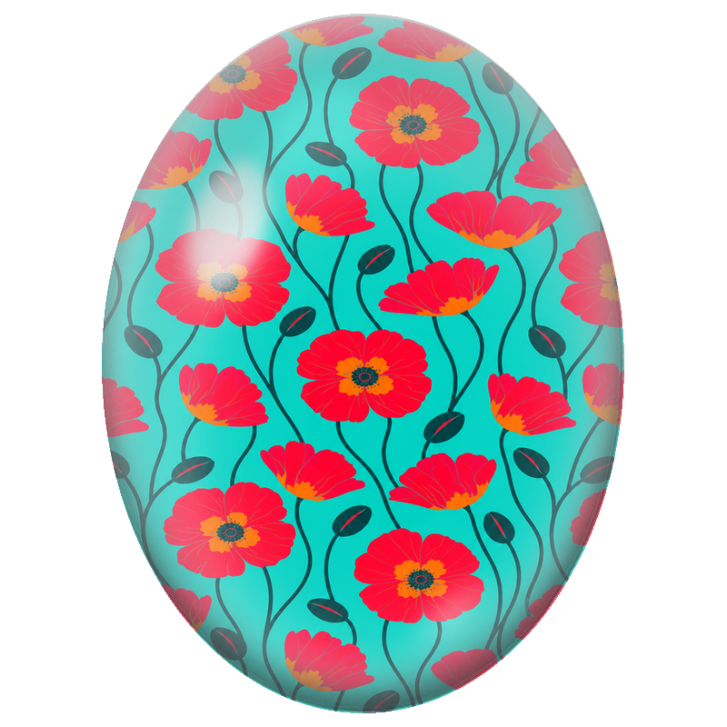 Cabochon en Verre Illustré Coquelicots Rouges sur Fond Turquoise 13x18, 18x25 ou 30x40mm