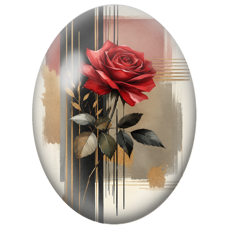 Cabochon en Verre Illustré Rose Rouge au Décor Art Déco 13x18, 18x25 ou 30x40mm