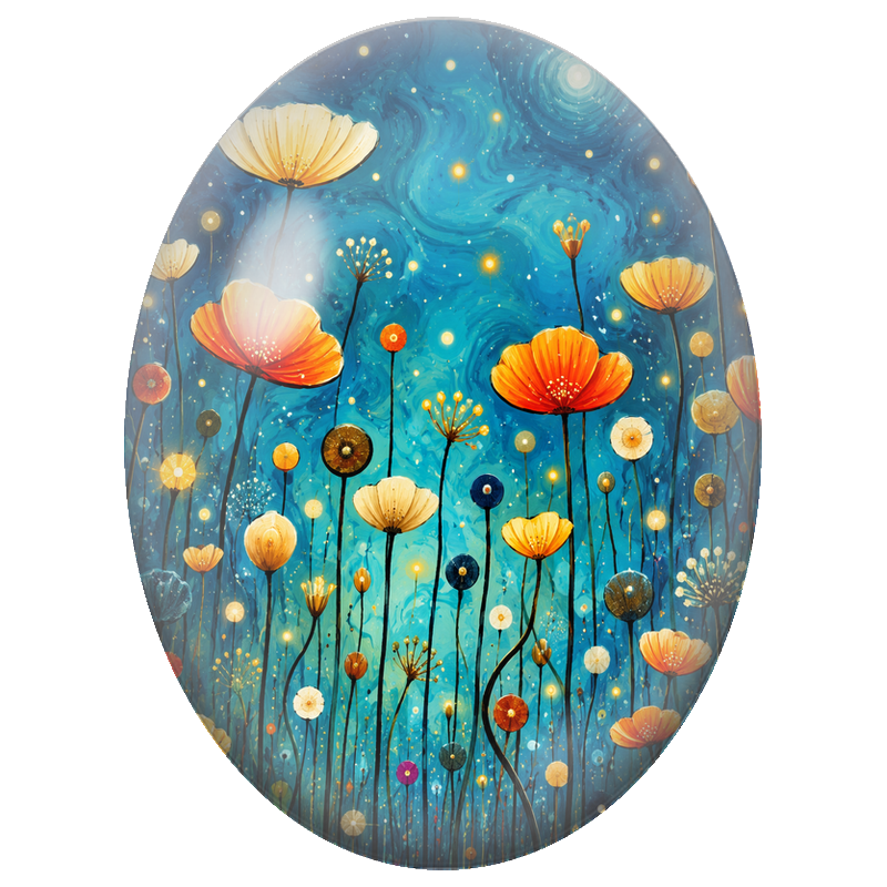 Cabochon en Verre Illustré Fleurs Dorées sous un Ciel Étoilé 13x18, 18x25 ou 30x40mm