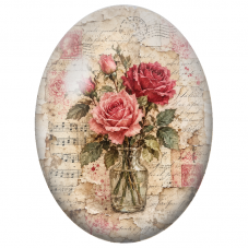 Cabochon en Verre Illustré Roses dans un Vase sur Papier Ancien 13x18, 18x25 ou 30x40mm - Pour la Création de Bijoux Fantaisie