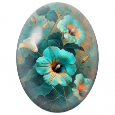 Cabochon en Verre Illustré Hibiscus Turquoise aux Reflets Dorés 13x18, 18x25 ou 30x40mm - Pour la Création de Bijoux Fantaisie