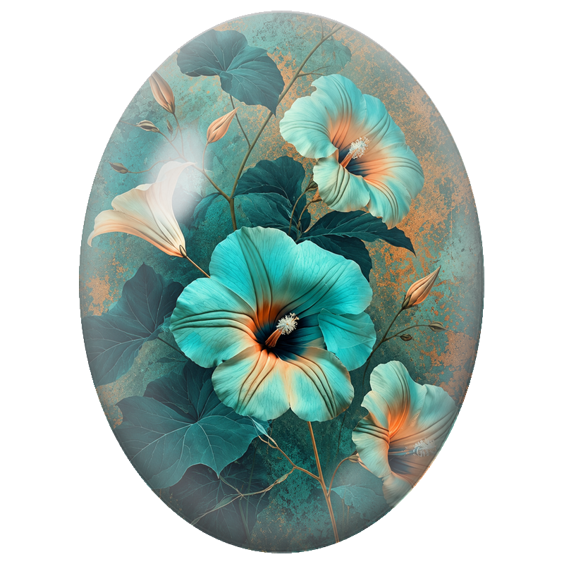 Cabochon en Verre Illustré Hibiscus Turquoise aux Reflets Dorés 13x18, 18x25 ou 30x40mm