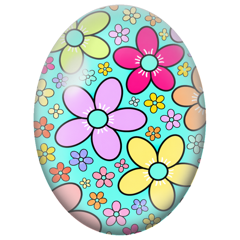Cabochon en Verre Illustré Fleurs Pop sur Fond Turquoise 13x18, 18x25 ou 30x40mm