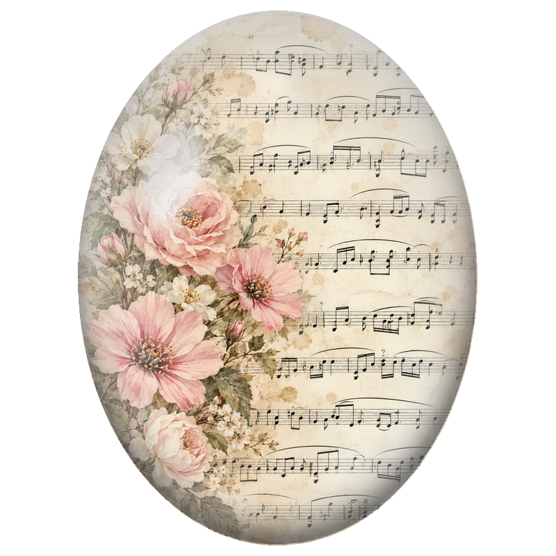 Cabochon en Verre Illustré Fleurs Roses sur Partition Ancienne 13x18, 18x25 ou 30x40mm