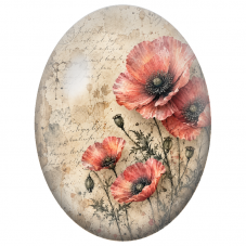 Cabochon en Verre Illustré Coquelicots Corail sur Manuscrit Ancien 13x18, 18x25 ou 30x40mm - Pour la Création de Bijoux