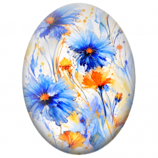Cabochon en Verre Illustré Fleurs Bleues et Orange à l’Encre 13x18, 18x25 ou 30x40mm - Pour la Création de Bijoux Fantaisie