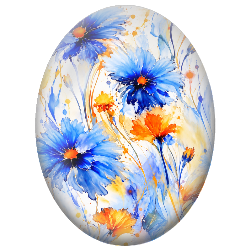 Cabochon en Verre Illustré Fleurs Bleues et Orange à l’Encre 13x18, 18x25 ou 30x40mm