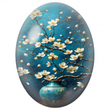 Cabochon en Verre Illustré Fleurs Blanches dans un Vase Turquoise 13x18, 18x25 ou 30x40mm - Pour la Création de Bijoux Fantaisie
