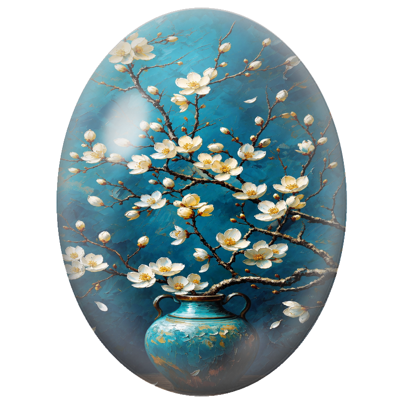 Cabochon en Verre Illustré Fleurs Blanches dans un Vase Turquoise 13x18, 18x25 ou 30x40mm