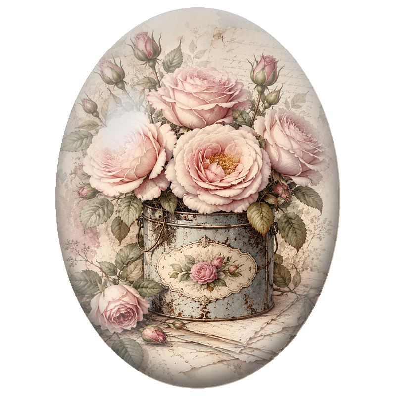 Cabochon en Verre Illustré Roses Poudrées dans une Boîte Ancienne 13x18, 18x25 ou 30x40mm