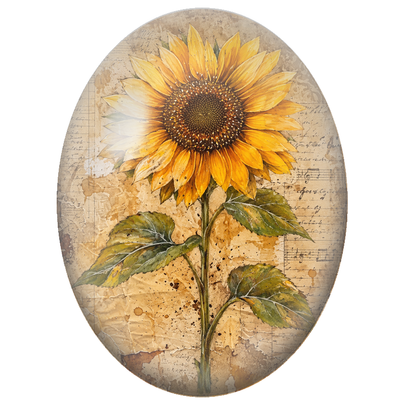 Cabochon en Verre Illustré Tournesol sur Papier Ancien 13x18, 18x25 ou 30x40mm