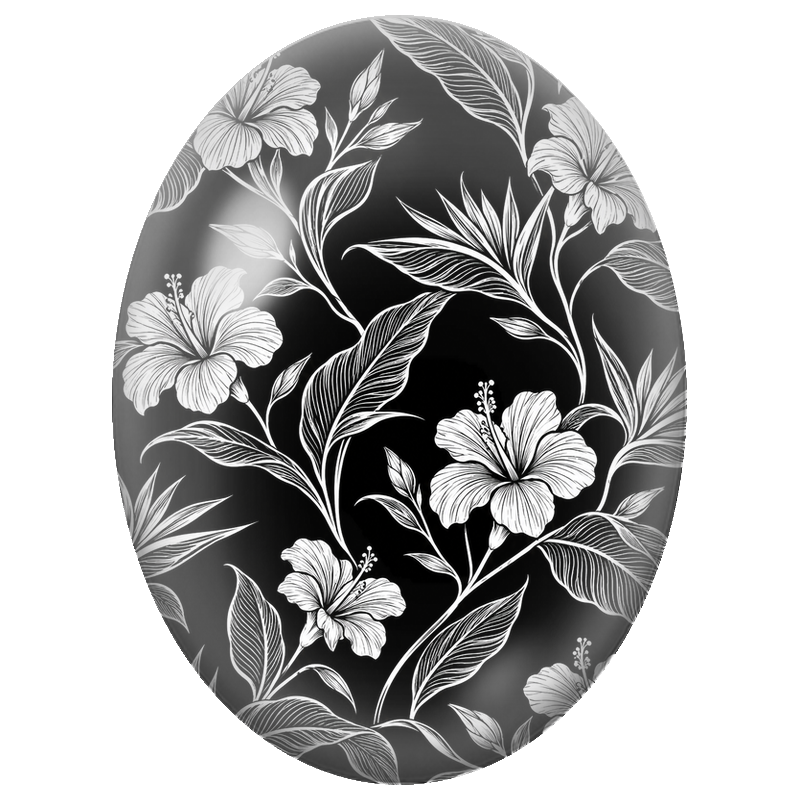 Cabochon en Verre Illustré Hibiscus Blancs Dessinés sur Fond Noir 13x18, 18x25 ou 30x40mm